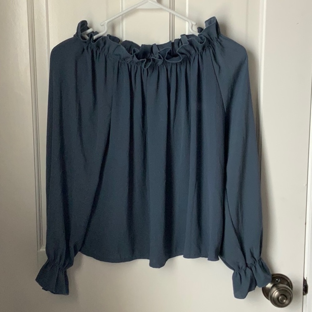 Elegant Blue Ruffle Hem Off the Shoulder Women’s  Top
